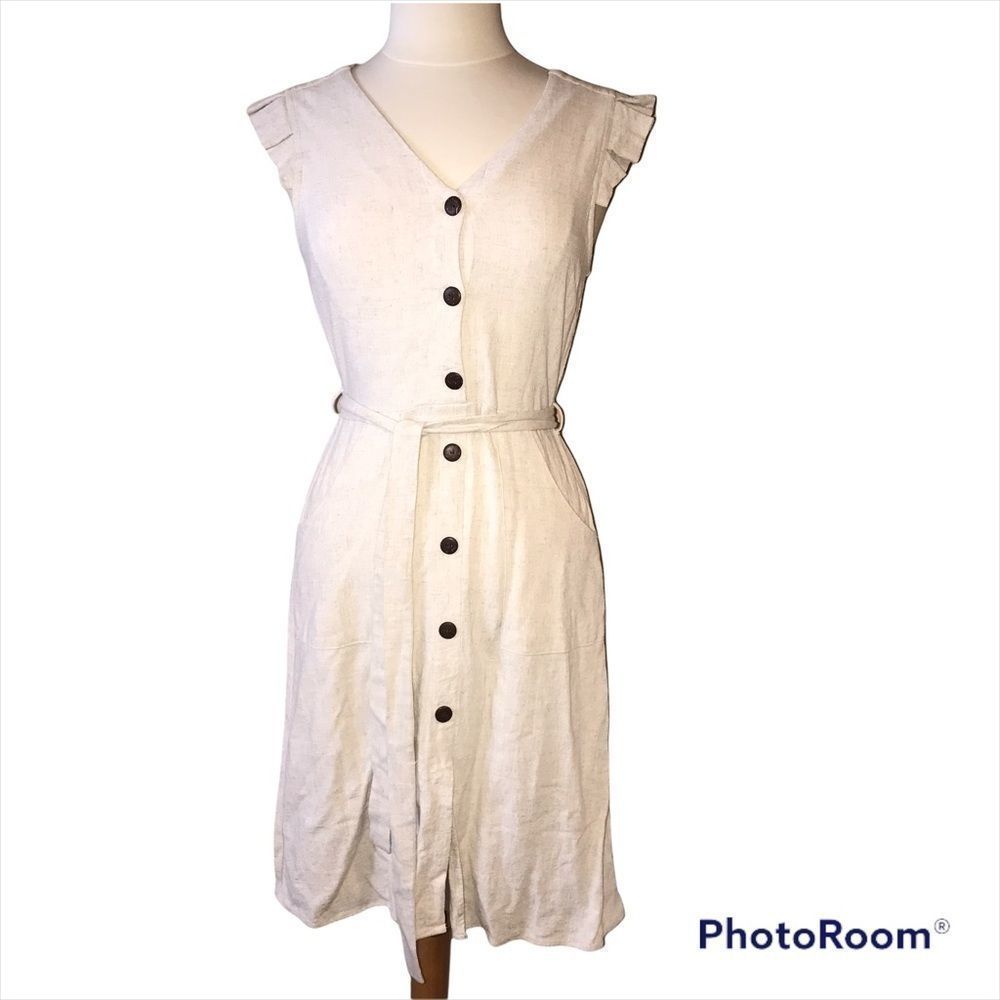🆕 MONTEAU Flutter Cap Sleeve Linen Blend Button Front Dress size M Medium